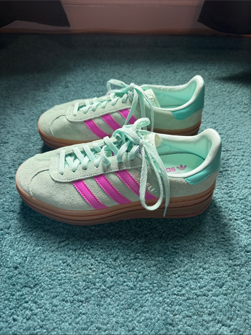 adidas kids Gazelle Bold Sneakers in Mint Green with Pink Stripes - Picture 2 of 6